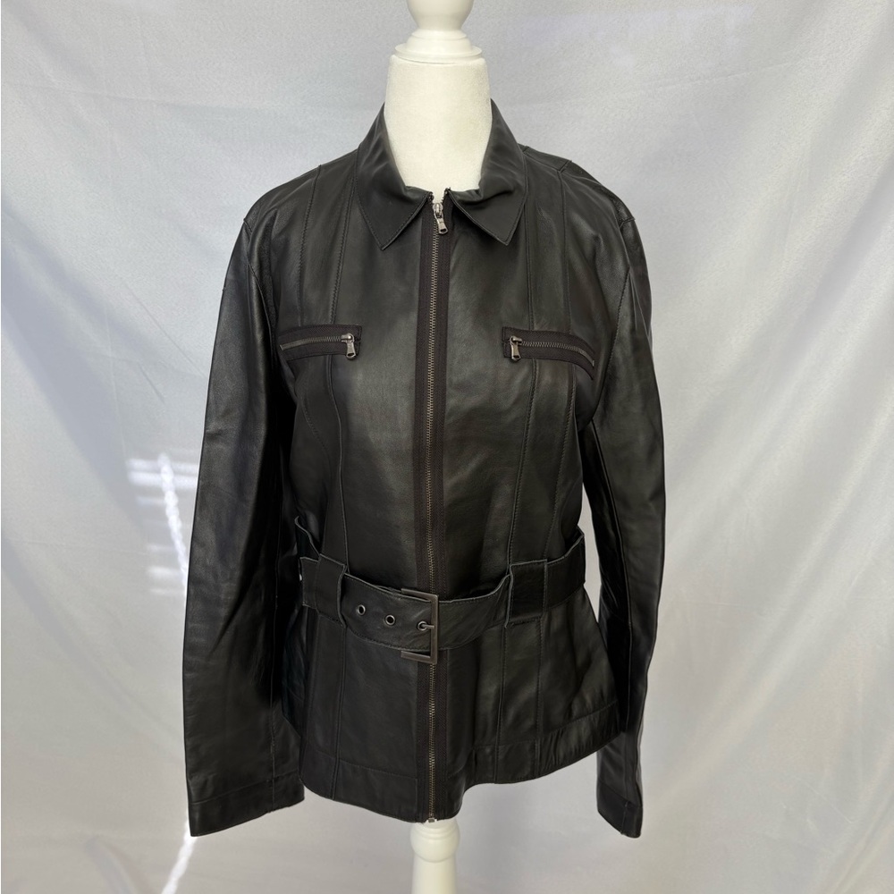 Women's Black Leather Belted Jacket